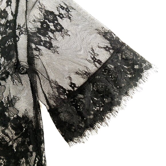 Black Sheer Floral Lace Top Mock Neck Eyelash Hem Keyhole Back Short Sleeve SZ L - Picture 4 of 8